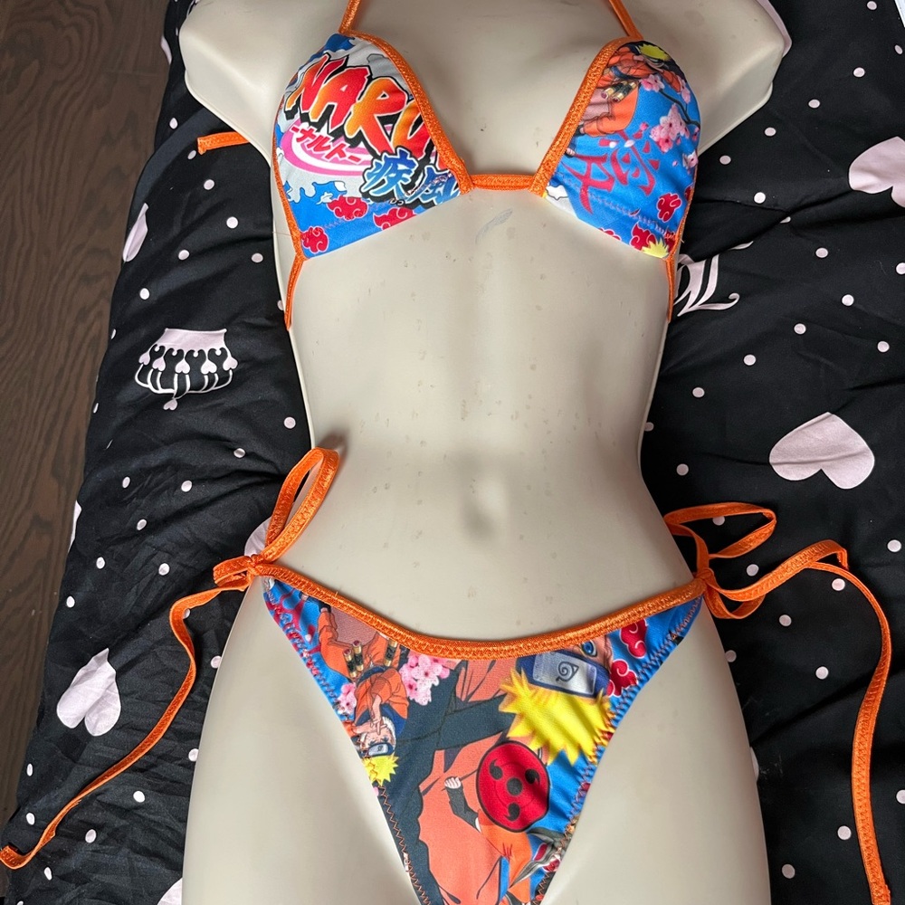 Anime Print Bikini Set with Orange Trim